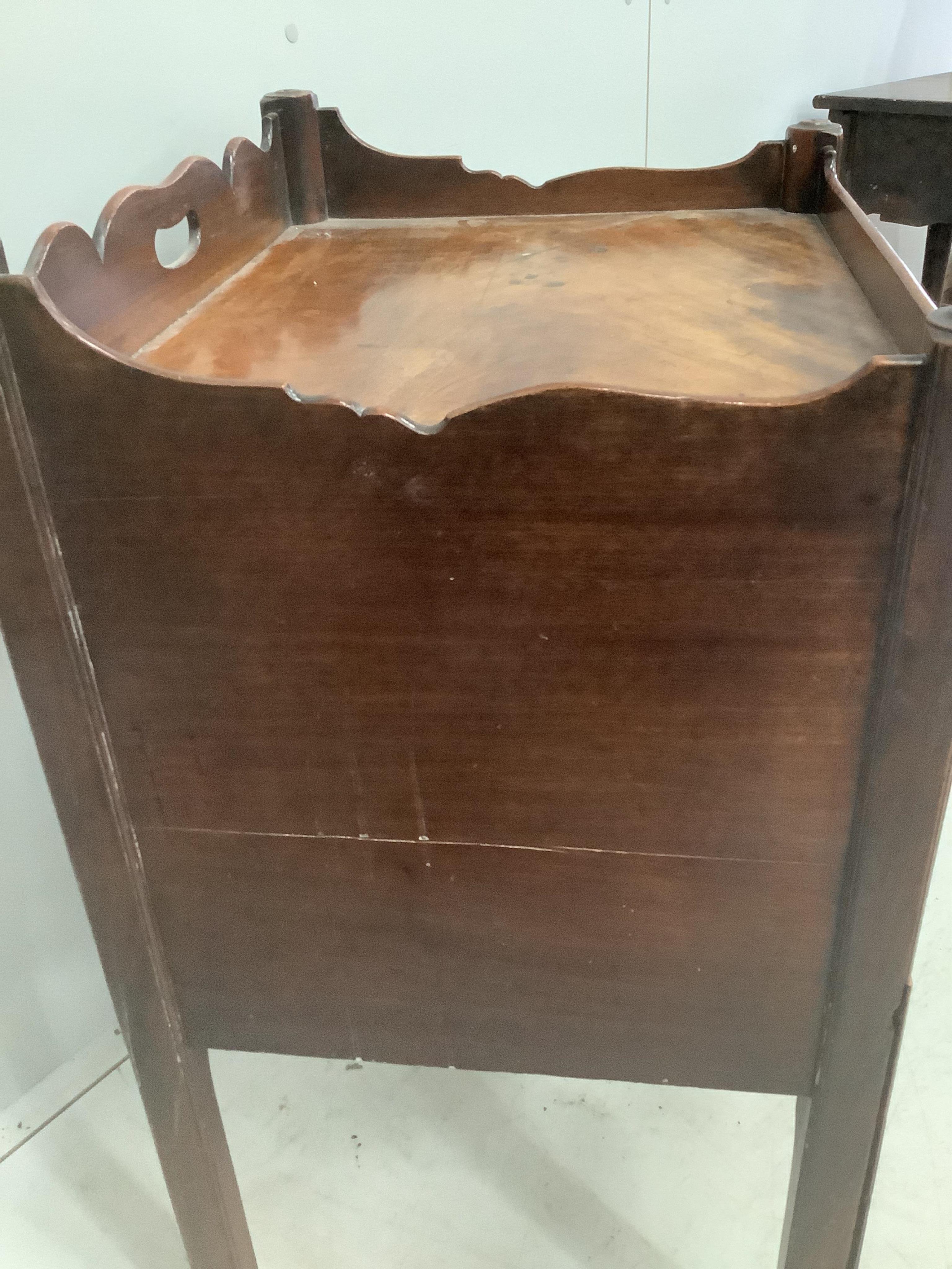 A George III mahogany tray top bedside cabinet, adapted, width 59cm, depth 46cm, height 86cm. Condition - poor to fair